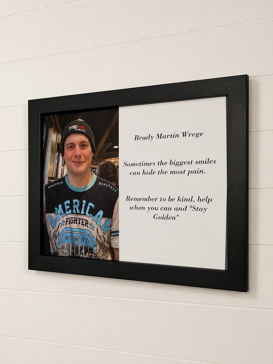 Framed tribute to Brady Martin Wrege displayed inside Brady's Closet